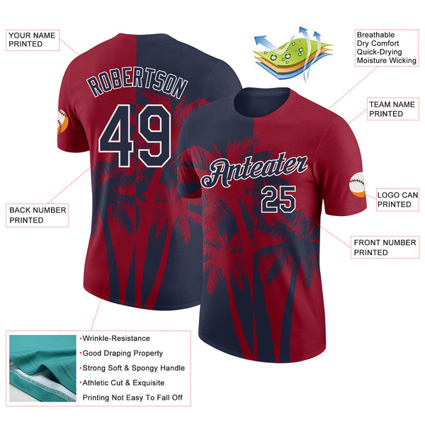 Custom Crimson Navy-White Hawaii Tropical Coastal Palm Trees Performance T-Shirt