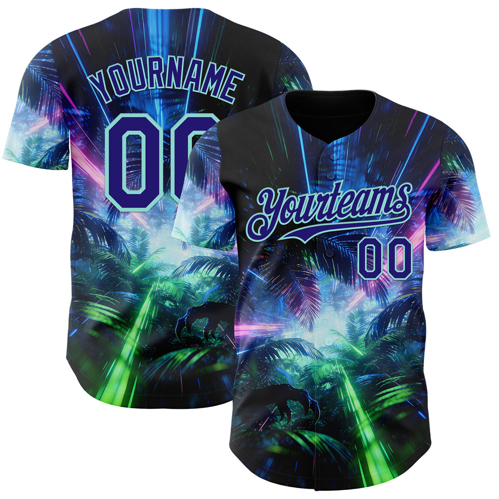Custom Black Dark Purple-Ice Blue Cyber Tropical Palm Trees Dinosaur Gothic Fantasy Authentic Baseball Jersey