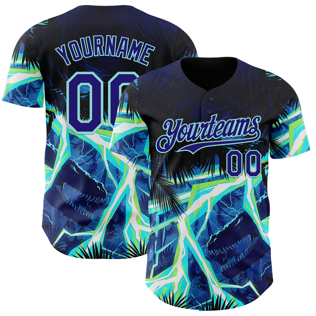 Custom Black Dark Purple-Ice Blue Cyber Tropical Palm Trees Dinosaur Gothic Fantasy Authentic Baseball Jersey