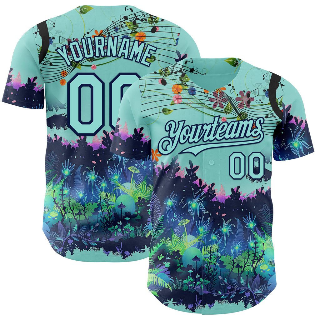 Custom Ice Blue-Navy Cyber Tropical Palm Trees Music Festival Authentic Baseball Jersey