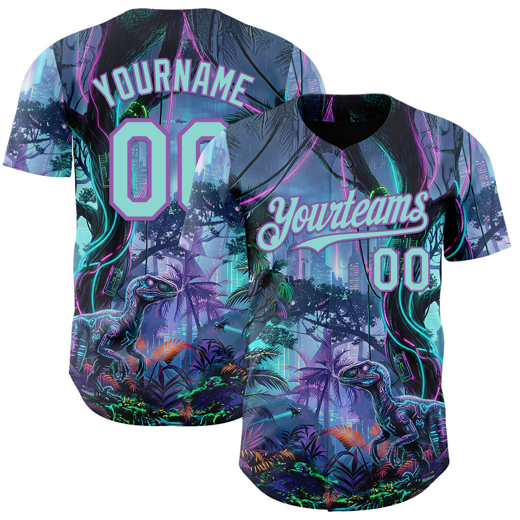 Custom Black Ice Blue-Medium Purple Cyber Tropical Palm Trees Music Festival Gothic Fantasy Authentic Baseball Jersey