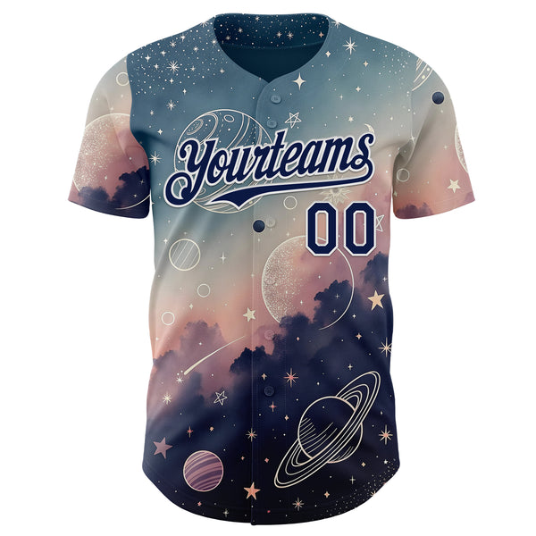Custom Blue Navy Light Pink-White Galaxy Star Nebula Authentic Baseball Jersey