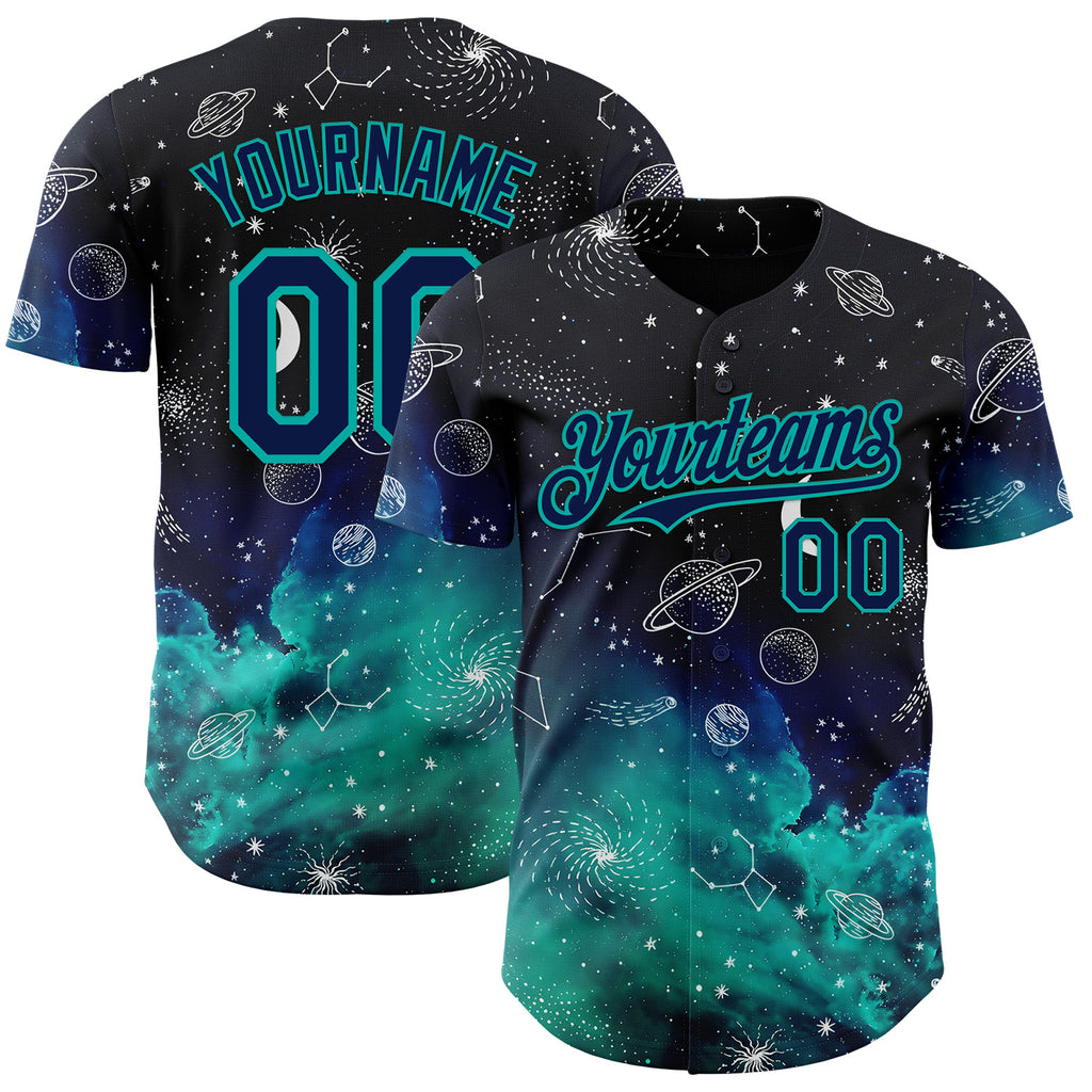 Custom Black Navy-Aqua Galaxy Star Authentic Baseball Jersey