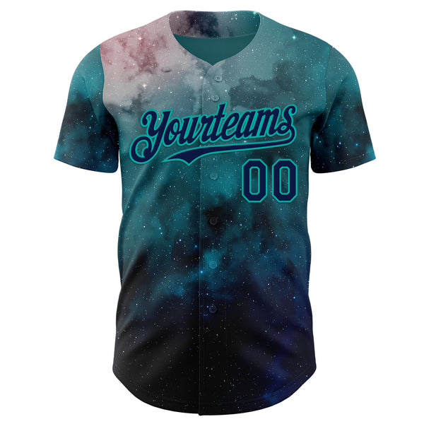 Custom Green Navy-Aqua Galaxy Star Nebula Authentic Baseball Jersey