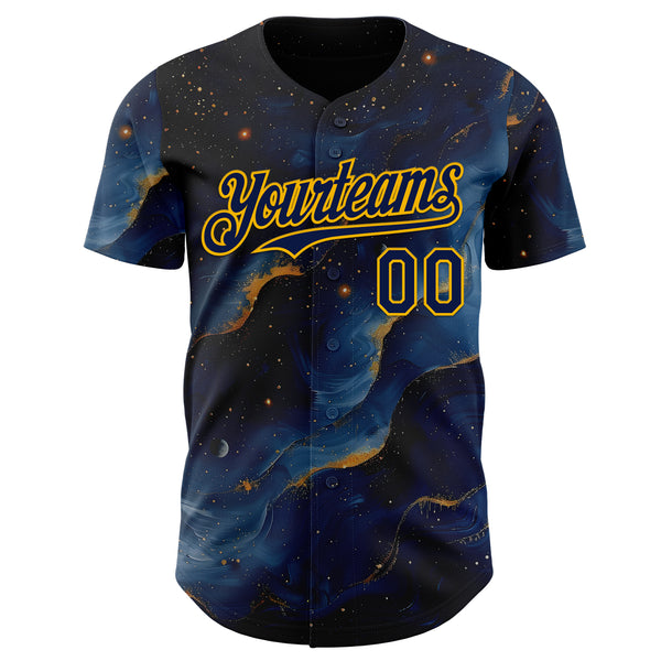 Custom Black Navy-Gold Galaxy Star Nebula Authentic Baseball Jersey
