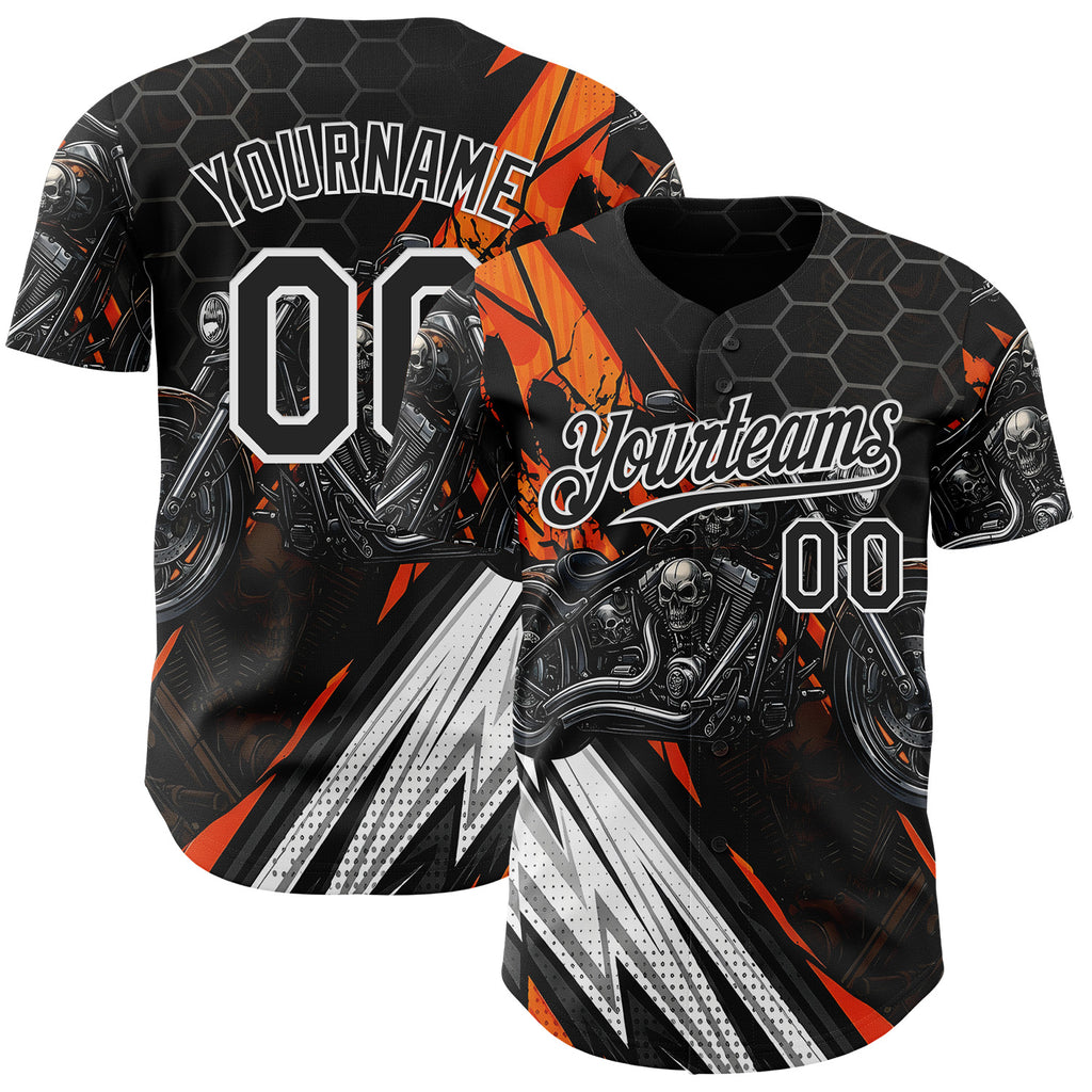 Custom Black Orange Gray-White 3D Pattern Design Motorcycle Motocross Skull Authentic Baseball Jersey