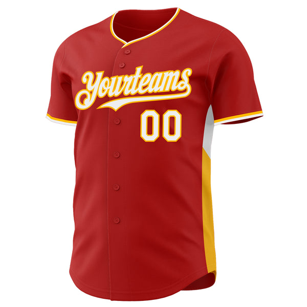Custom Red White-Gold Classic Color Block Side Panel Stripe Authentic Baseball Jersey