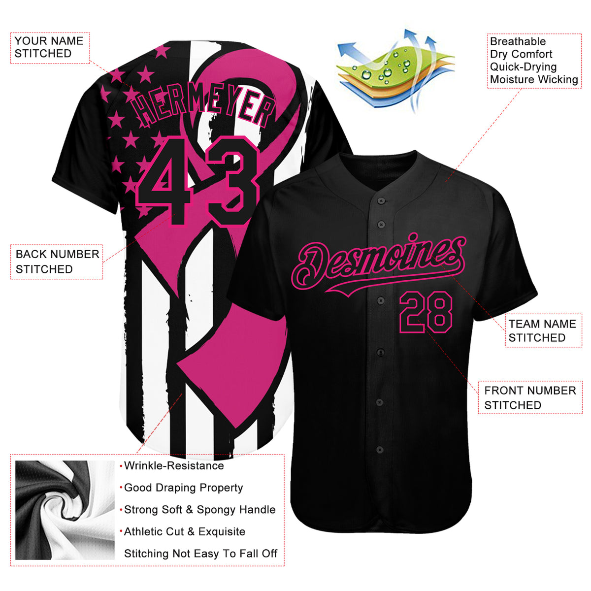 Custom Black Hot Pink-White 3D Pink Ribbon Breast Cancer Awareness Mon ...