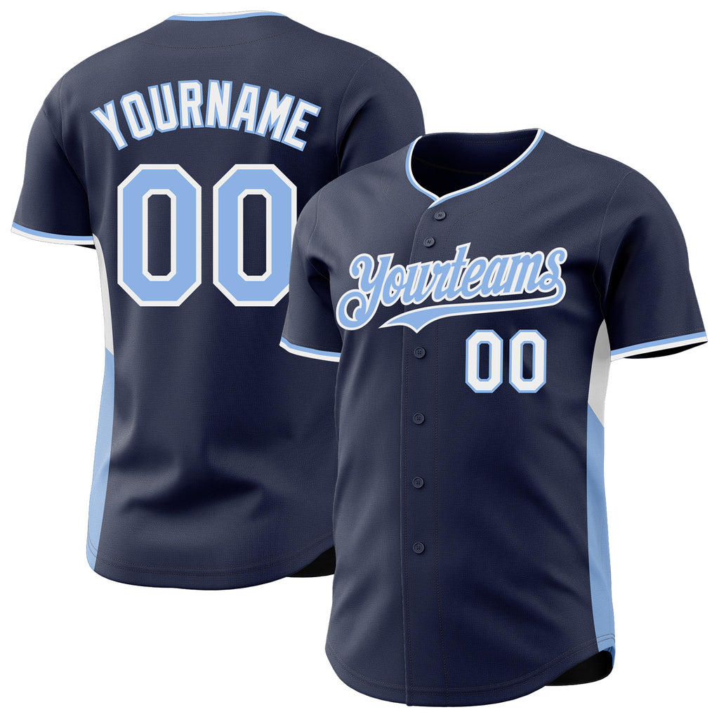 Custom Navy Light Blue-White Classic Color Block Side Panel Stripe Authentic Baseball Jersey