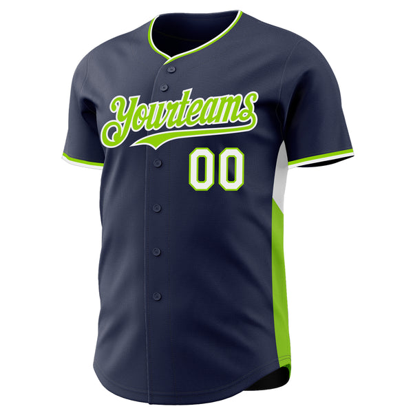 Custom Navy Neon Green-White Classic Color Block Side Panel Stripe Authentic Baseball Jersey