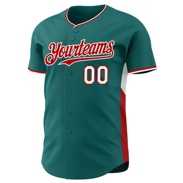 Custom Teal Red-White Classic Color Block Side Panel Stripe Authentic Baseball Jersey