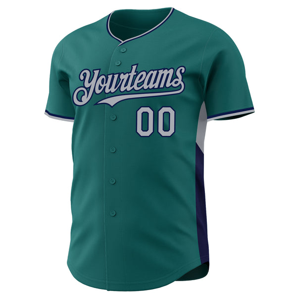 Custom Teal Gray-Navy Classic Color Block Side Panel Stripe Authentic Baseball Jersey