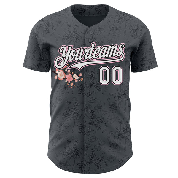 Custom Gray White Black-Light Pink Cherry Blossoms Sakura Authentic Baseball Jersey