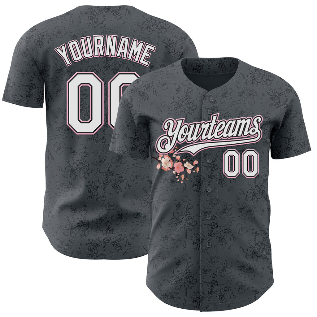 Custom Gray White Black-Light Pink Cherry Blossoms Sakura Authentic Baseball Jersey