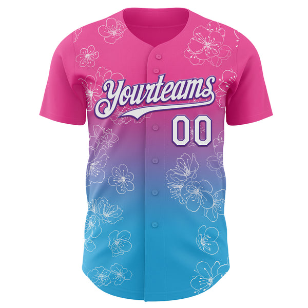 Custom Pink White Sky Blue-Purple Cherry Blossoms Sakura Gradient Authentic Baseball Jersey