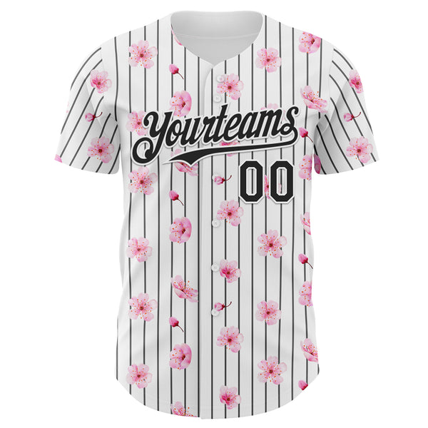 Custom White Pinstripe-Black Cherry Blossoms Sakura Authentic Baseball Jersey