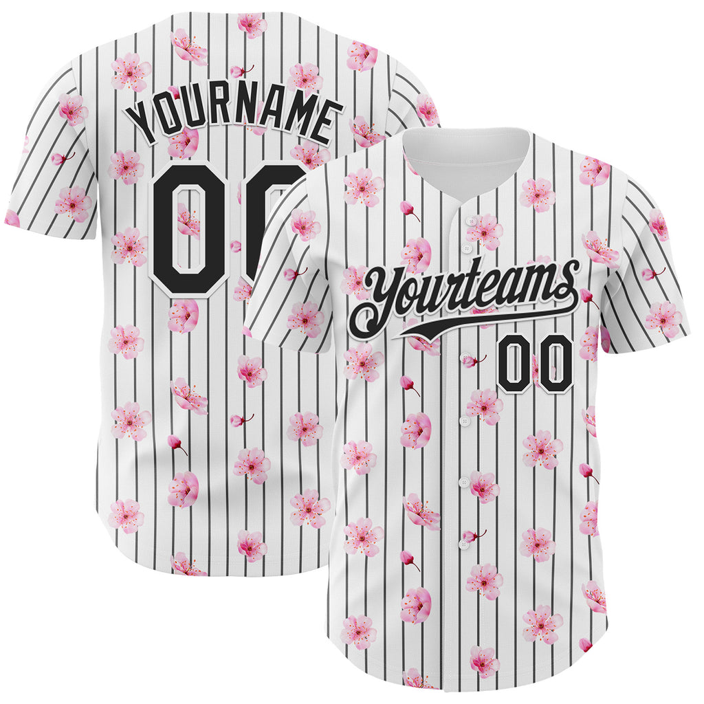 Custom White Pinstripe-Black Cherry Blossoms Sakura Authentic Baseball Jersey