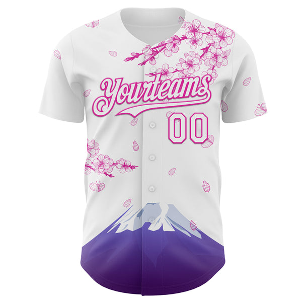 Custom White-Deep Pink Cherry Blossoms Sakura Mount Fuji Authentic Baseball Jersey