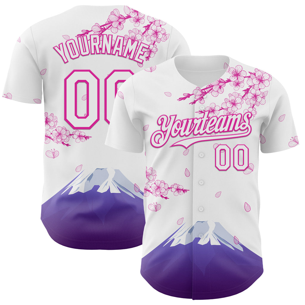 Custom White-Deep Pink Cherry Blossoms Sakura Mount Fuji Authentic Baseball Jersey