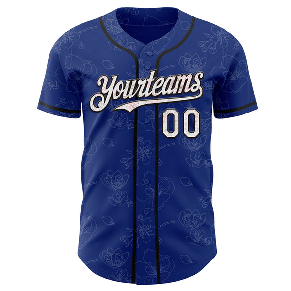 Custom Royal White-Black Cherry Blossoms Sakura Authentic Baseball Jersey