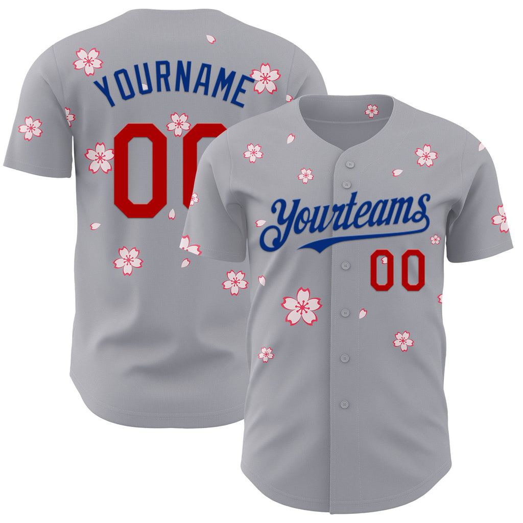 Custom Gray Red-Royal Cherry Blossoms Sakura Authentic Baseball Jersey
