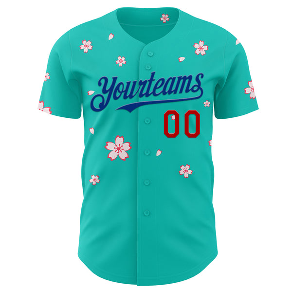 Custom Aqua Red-Royal Cherry Blossoms Sakura Authentic Baseball Jersey