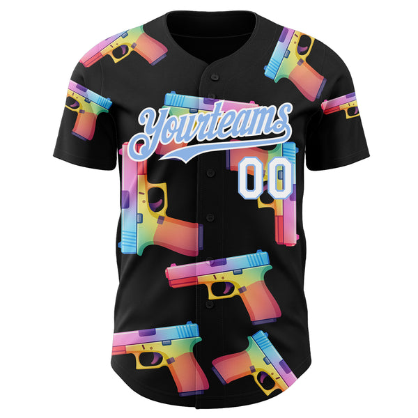 Custom Black Light Blue-White Colorful Firepower 3D Pattern Design Authentic Baseball Jersey