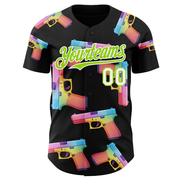 Custom Black Neon Green-White Colorful Firepower 3D Pattern Design Authentic Baseball Jersey