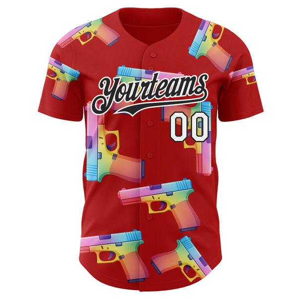 Custom Red Black-White Colorful Firepower 3D Pattern Design Authentic Baseball Jersey
