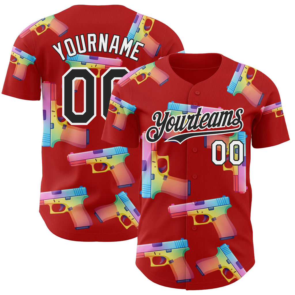 Custom Red Black-White Colorful Firepower 3D Pattern Design Authentic Baseball Jersey