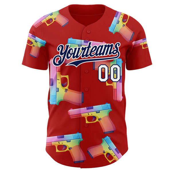 Custom Red Navy-White Colorful Firepower 3D Pattern Design Authentic Baseball Jersey