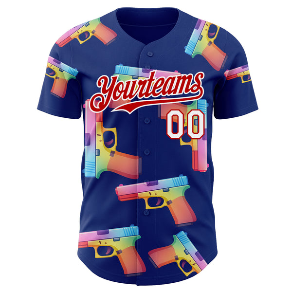 Custom Royal Red-White Colorful Firepower 3D Pattern Design Authentic Baseball Jersey
