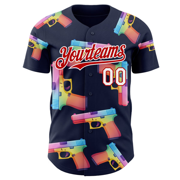 Custom Navy Red-White Colorful Firepower 3D Pattern Design Authentic Baseball Jersey