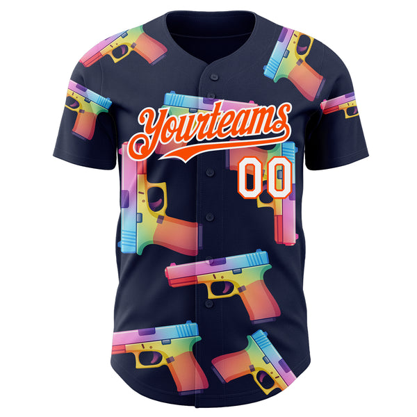 Custom Navy Orange-White Colorful Firepower 3D Pattern Design Authentic Baseball Jersey