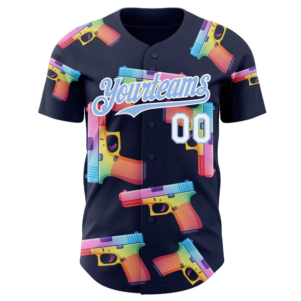 Custom Navy Light Blue-White Colorful Firepower 3D Pattern Design Authentic Baseball Jersey