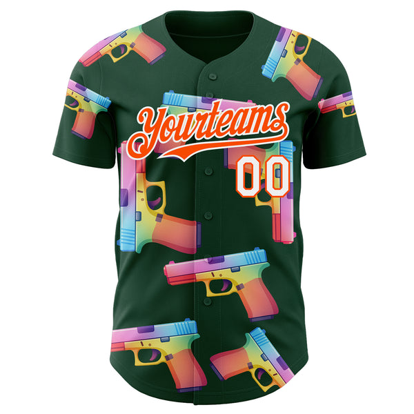 Custom Green Orange-White Colorful Firepower 3D Pattern Design Authentic Baseball Jersey
