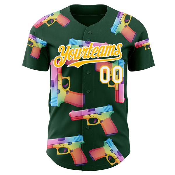 Custom Green Gold-White Colorful Firepower 3D Pattern Design Authentic Baseball Jersey