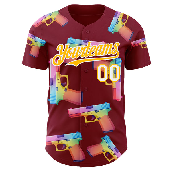 Custom Crimson Gold-White Colorful Firepower 3D Pattern Design Authentic Baseball Jersey