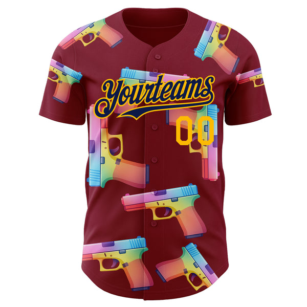 Custom Crimson Navy-Gold Colorful Firepower 3D Pattern Design Authentic Baseball Jersey