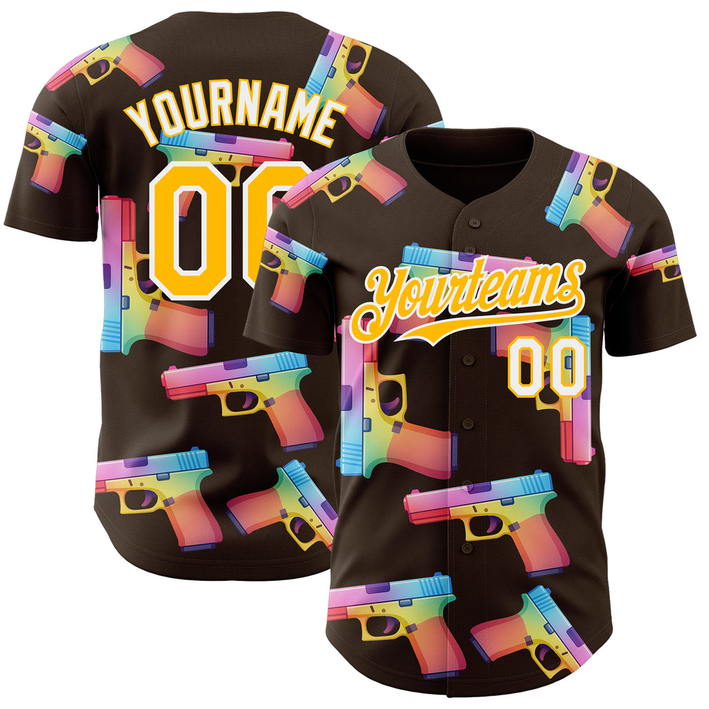 Custom Brown Gold-White Colorful Firepower 3D Pattern Design Authentic Baseball Jersey