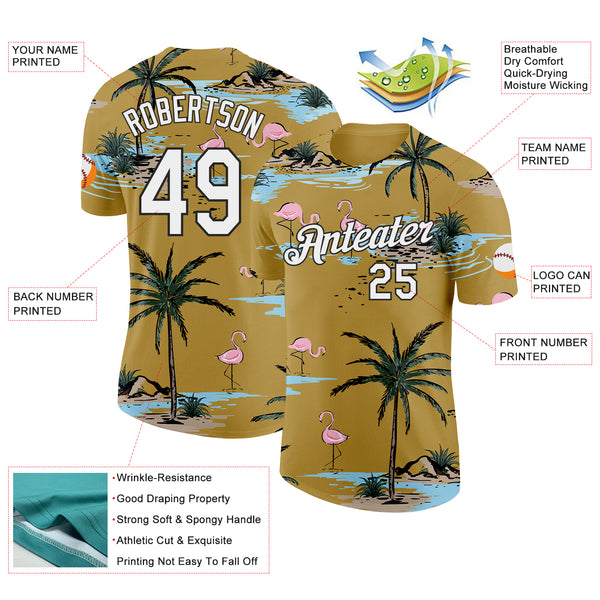 Custom Old Gold White-Black Tropical Hawaii Palm Trees Summer Beach Flamingo Performance T-Shirt