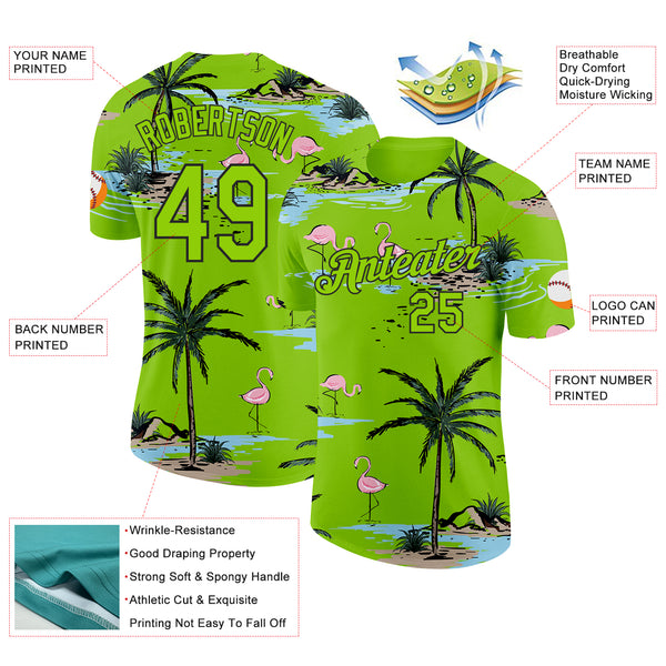 Custom Neon Green-Black Tropical Hawaii Palm Trees Summer Beach Flamingo Performance T-Shirt