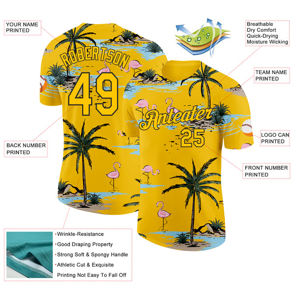 Custom Yellow-Black Tropical Hawaii Palm Trees Summer Beach Flamingo Performance T-Shirt