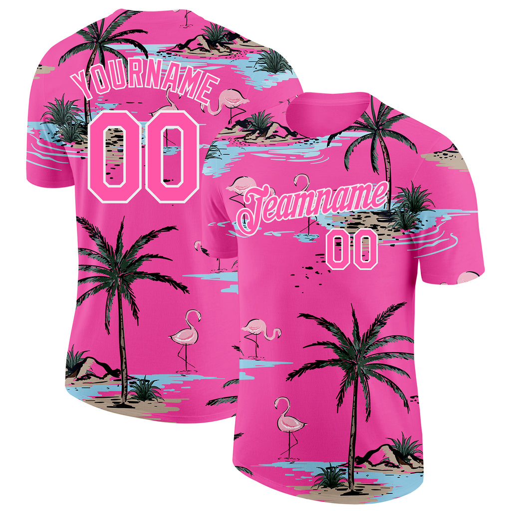 Custom Pink-Black Tropical Hawaii Palm Trees Summer Beach Flamingo Performance T-Shirt
