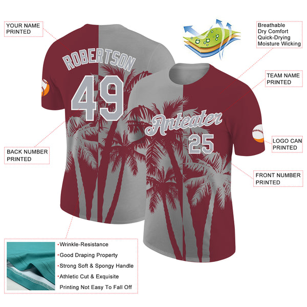 Custom Burgundy Gray-White Hawaii Tropical Coastal Palm Trees Performance T-Shirt