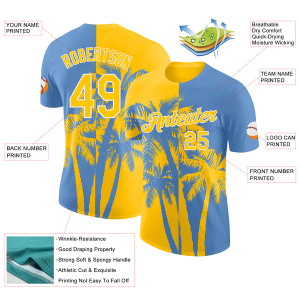 Custom Light Blue Yellow-White Hawaii Tropical Coastal Palm Trees Performance T-Shirt