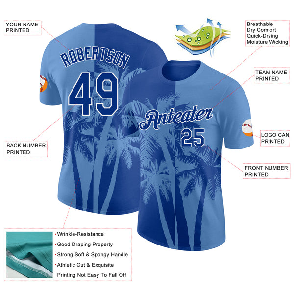 Custom Light Blue Royal-White Hawaii Tropical Coastal Palm Trees Performance T-Shirt