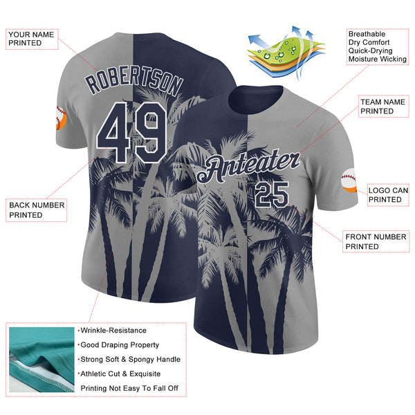 Custom Gray Navy-White Hawaii Tropical Coastal Palm Trees Performance T-Shirt