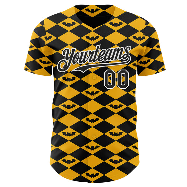Custom Gold Black-White Geometric Diamond Grid Rhombus Bat Authentic Baseball Jersey