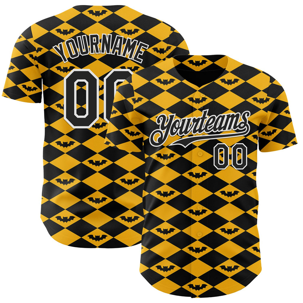 Custom Gold Black-White Geometric Diamond Grid Rhombus Bat Authentic Baseball Jersey